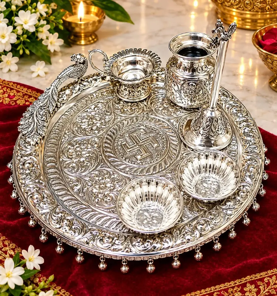 German silver peacock track pooja thali