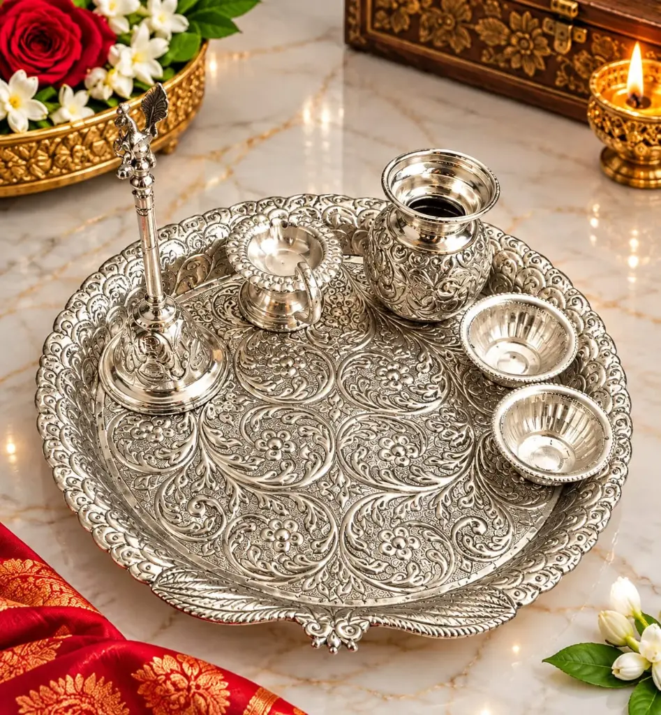 ✨ New Design Premium Quality German Silver Antique Trunk Pooja Set ✨